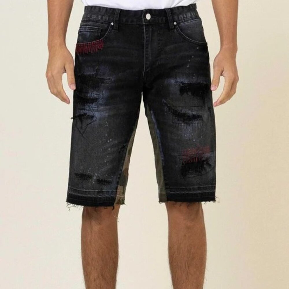 First Row MULTI CAMO PANELED RELEASED HEM DENIM SHORTS Jorts Size 36 NWT